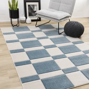 5' X 8' Blue And White Geometric Area Rug