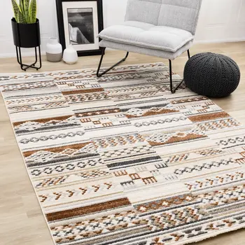 8' X 11' Cream And Black Tribal Area Rug