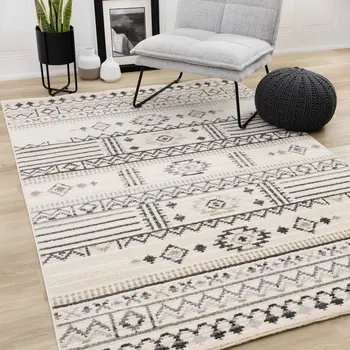5' X 8' Cream And Black Tribal Area Rug