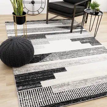 5' X 8' White And Gray Striped Area Rug