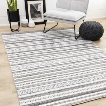 5' X 8' White And Gray Striped Hand Woven Area Rug