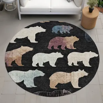 8' Black Ivory And Brown Round Animal Print Washable Indoor Outdoor Area Rug
