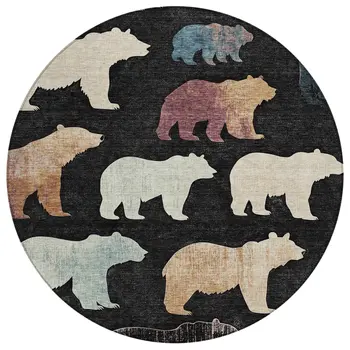 8' Black Ivory And Brown Round Animal Print Washable Indoor Outdoor Area Rug