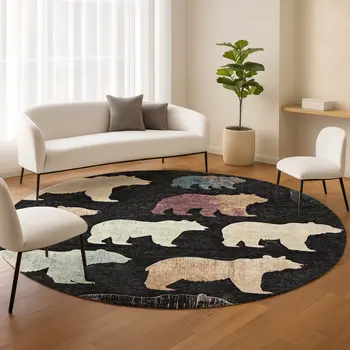 8' Black Ivory And Brown Round Animal Print Washable Indoor Outdoor Area Rug
