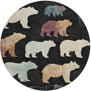 8' Black Ivory And Brown Round Animal Print Washable Indoor Outdoor Area Rug