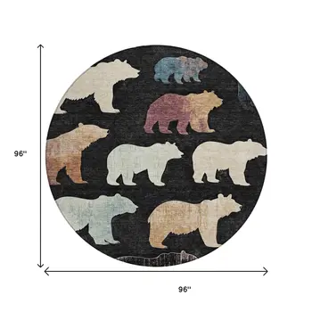8' Black Ivory And Brown Round Animal Print Washable Indoor Outdoor Area Rug