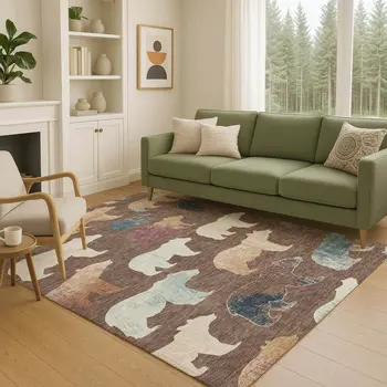 3' X 5' Chocolate Ivory And Blue Animal Print Washable Indoor Outdoor Area Rug