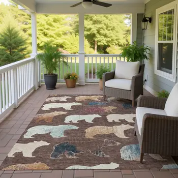 3' X 5' Chocolate Ivory And Blue Animal Print Washable Indoor Outdoor Area Rug