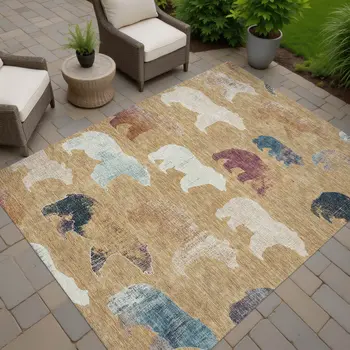 8' X 10' Gold Ivory And Blue Animal Print Washable Indoor Outdoor Area Rug