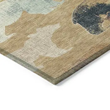 8' X 10' Gold Ivory And Blue Animal Print Washable Indoor Outdoor Area Rug