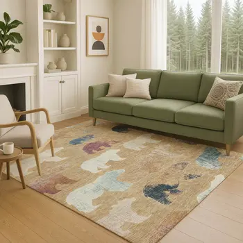 8' X 10' Gold Ivory And Blue Animal Print Washable Indoor Outdoor Area Rug
