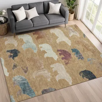 8' X 10' Gold Ivory And Blue Animal Print Washable Indoor Outdoor Area Rug