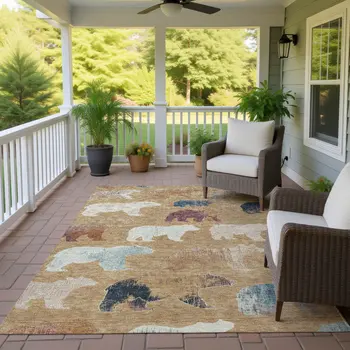 8' X 10' Gold Ivory And Blue Animal Print Washable Indoor Outdoor Area Rug