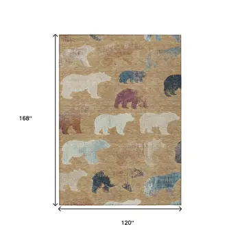 10' X 14' Gold Ivory And Blue Animal Print Washable Indoor Outdoor Area Rug
