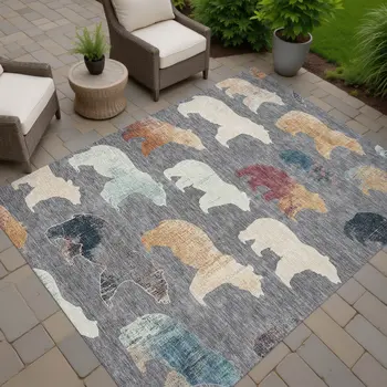 5' X 8' Gray Ivory And Beige Animal Print Washable Indoor Outdoor Area Rug