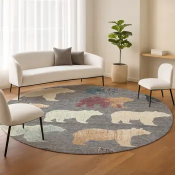 8' Gray Ivory And Beige Round Animal Print Washable Indoor Outdoor Area Rug