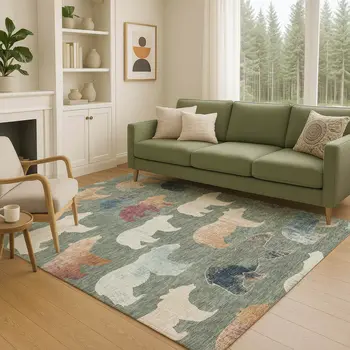 9' X 12' Green Ivory And Copper Animal Print Washable Indoor Outdoor Area Rug