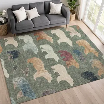 9' X 12' Green Ivory And Copper Animal Print Washable Indoor Outdoor Area Rug