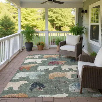 9' X 12' Green Ivory And Copper Animal Print Washable Indoor Outdoor Area Rug