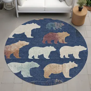 8' Navy Blue Ivory And Beige Round Animal Print Washable Indoor Outdoor Area Rug