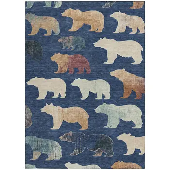 9' X 12' Navy Blue Ivory And Beige Animal Print Washable Indoor Outdoor Area Rug