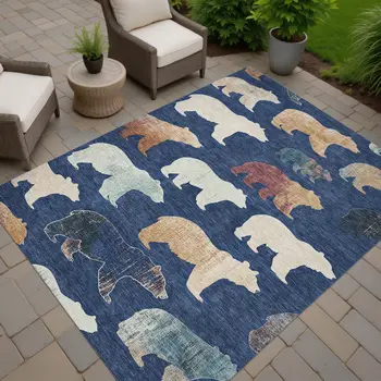 9' X 12' Navy Blue Ivory And Beige Animal Print Washable Indoor Outdoor Area Rug
