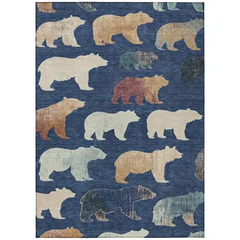 9' X 12' Navy Blue Ivory And Beige Animal Print Washable Indoor Outdoor Area Rug