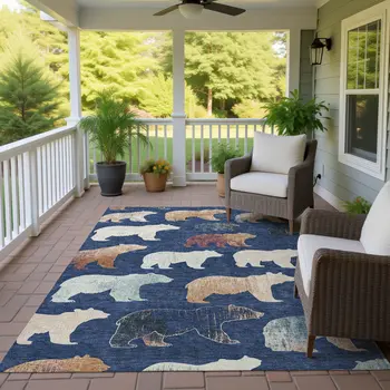 9' X 12' Navy Blue Ivory And Beige Animal Print Washable Indoor Outdoor Area Rug