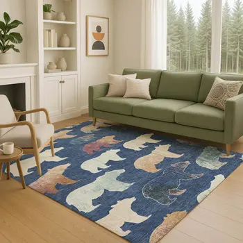 10' X 14' Navy Blue Ivory And Beige Animal Print Washable Indoor Outdoor Area Rug