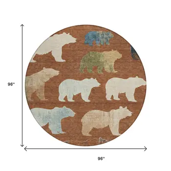 8' Chili Red Ivory And Beige Round Animal Print Washable Indoor Outdoor Area Rug