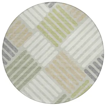 8' Artichoke Green Ivory And Gray Round Geometric Washable Indoor Outdoor Area Rug