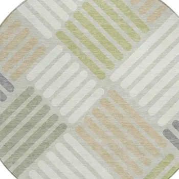 8' Artichoke Green Ivory And Gray Round Geometric Washable Indoor Outdoor Area Rug