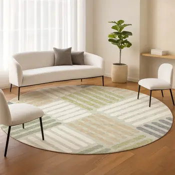 8' Artichoke Green Ivory And Gray Round Geometric Washable Indoor Outdoor Area Rug