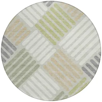 8' Artichoke Green Ivory And Gray Round Geometric Washable Indoor Outdoor Area Rug