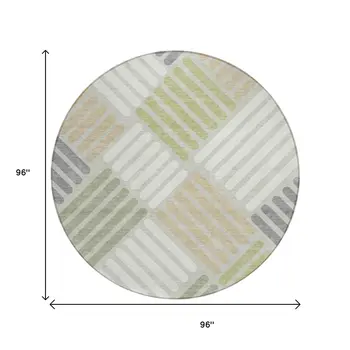 8' Artichoke Green Ivory And Gray Round Geometric Washable Indoor Outdoor Area Rug