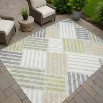 8' X 10' Artichoke Green Ivory And Gray Geometric Washable Indoor Outdoor Area Rug