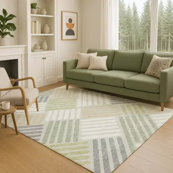 10' X 14' Artichoke Green Ivory And Gray Geometric Washable Indoor Outdoor Area Rug