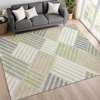 10' X 14' Artichoke Green Ivory And Gray Geometric Washable Indoor Outdoor Area Rug