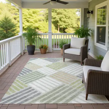 10' X 14' Artichoke Green Ivory And Gray Geometric Washable Indoor Outdoor Area Rug