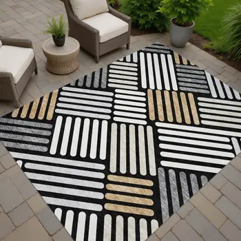3' X 5' Black Beige And Ivory Geometric Washable Indoor Outdoor Area Rug