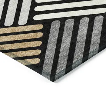 3' X 5' Black Beige And Ivory Geometric Washable Indoor Outdoor Area Rug