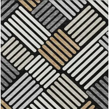 3' X 5' Black Beige And Ivory Geometric Washable Indoor Outdoor Area Rug