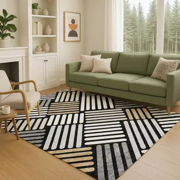 3' X 5' Black Beige And Ivory Geometric Washable Indoor Outdoor Area Rug