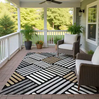 5' X 8' Black Beige And Ivory Geometric Washable Indoor Outdoor Area Rug