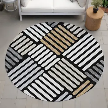 8' Black Beige And Ivory Round Geometric Washable Indoor Outdoor Area Rug