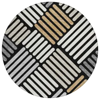 8' Black Beige And Ivory Round Geometric Washable Indoor Outdoor Area Rug