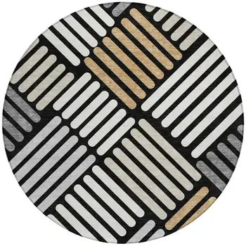 8' Black Beige And Ivory Round Geometric Washable Indoor Outdoor Area Rug