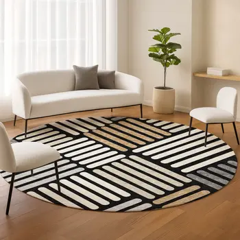 8' Black Beige And Ivory Round Geometric Washable Indoor Outdoor Area Rug