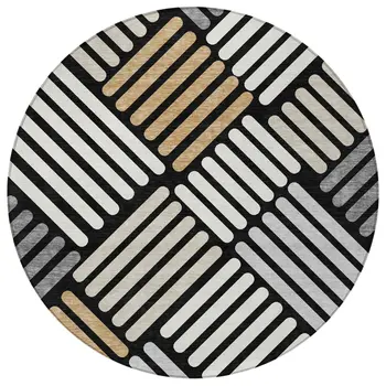 8' Black Beige And Ivory Round Geometric Washable Indoor Outdoor Area Rug