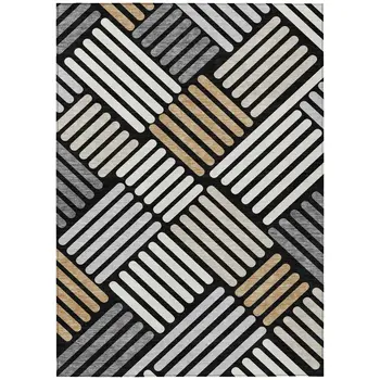 9' X 12' Black Beige And Ivory Geometric Washable Indoor Outdoor Area Rug